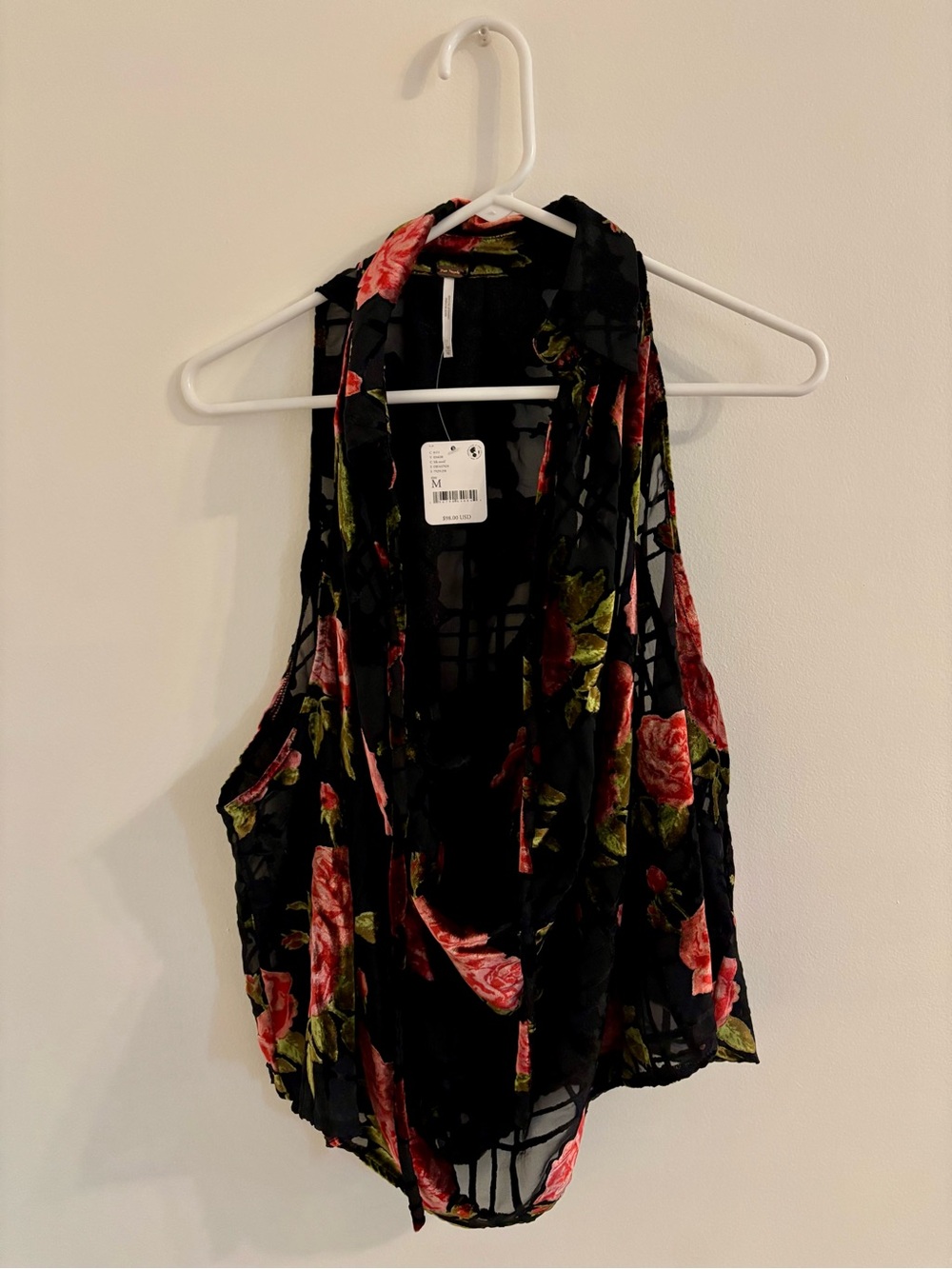 Free People Loose Sheer Black Floral Halter Top with Velour Pink Roses - M - NWT